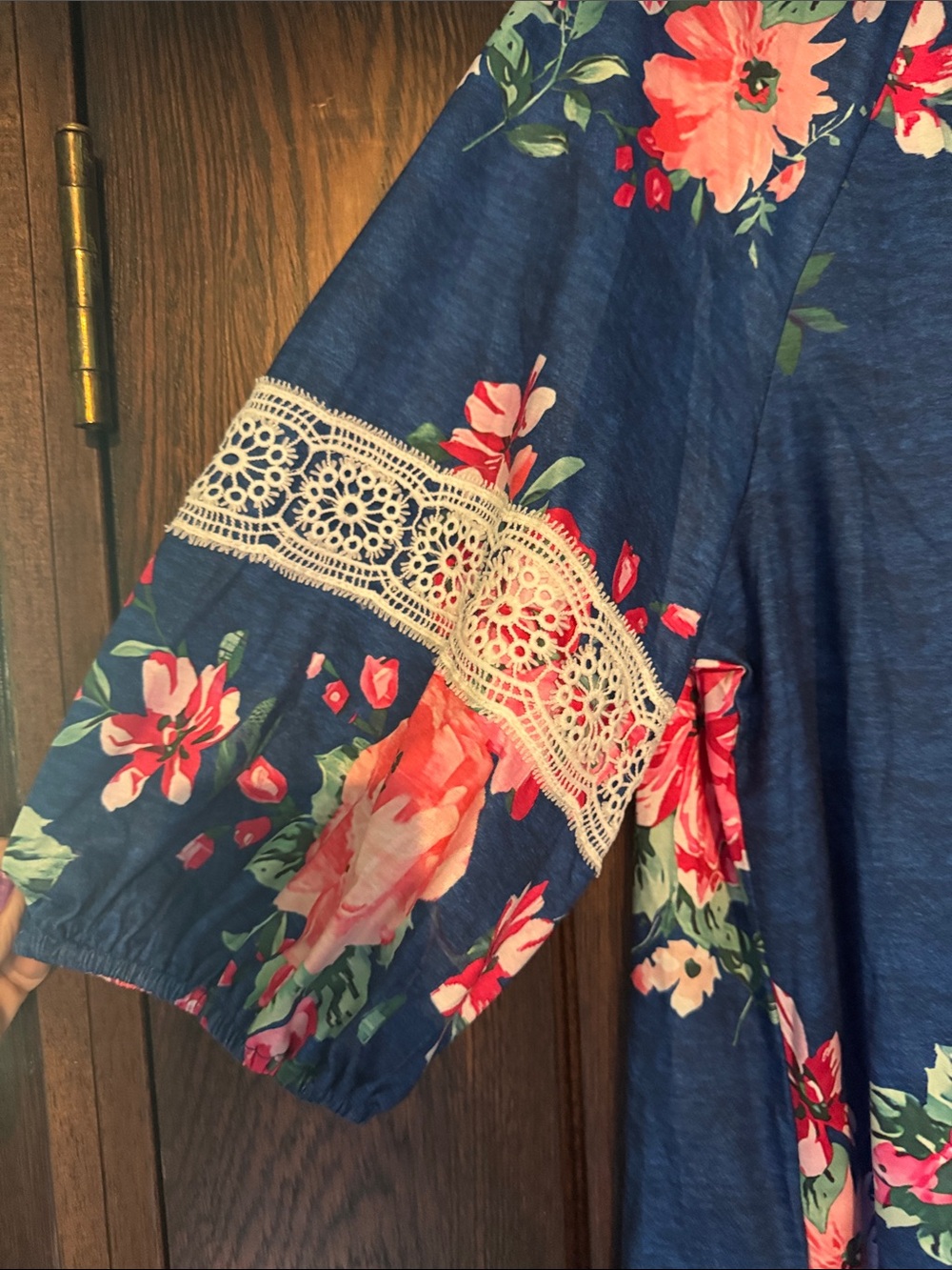 Floral Lace-Trim Navy Peasant Top - Blue/Pink - Picture 4 of 7